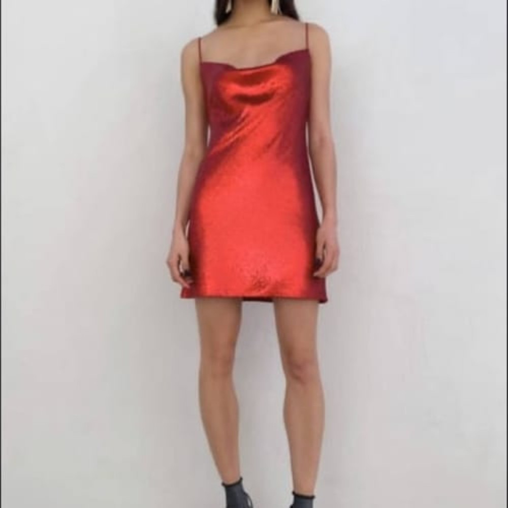 Zara Sequin Square Neck Draped Fluid Dress Red Size Small